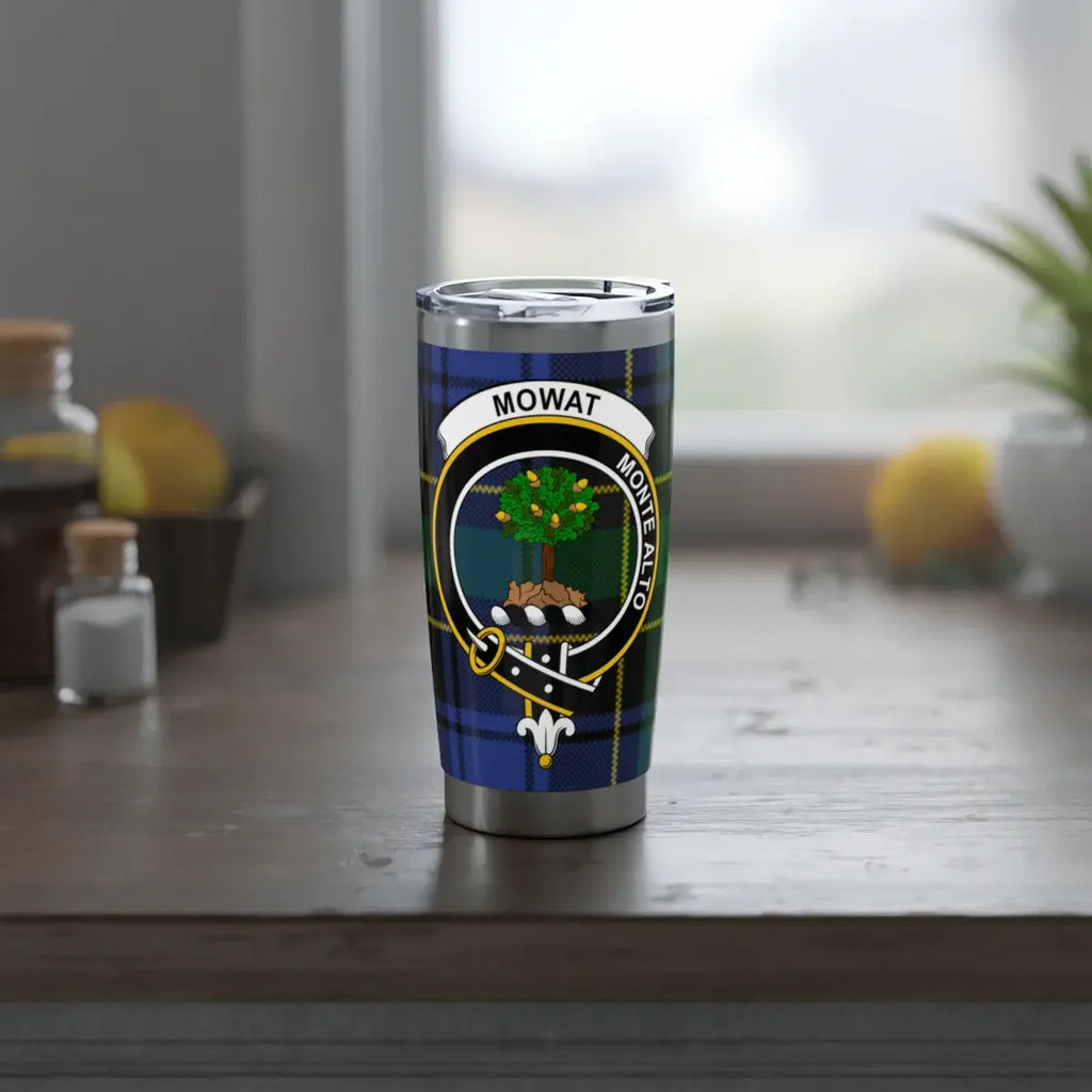 Blue Tartan Thermal Mug With Custom Mowat Emblem Design