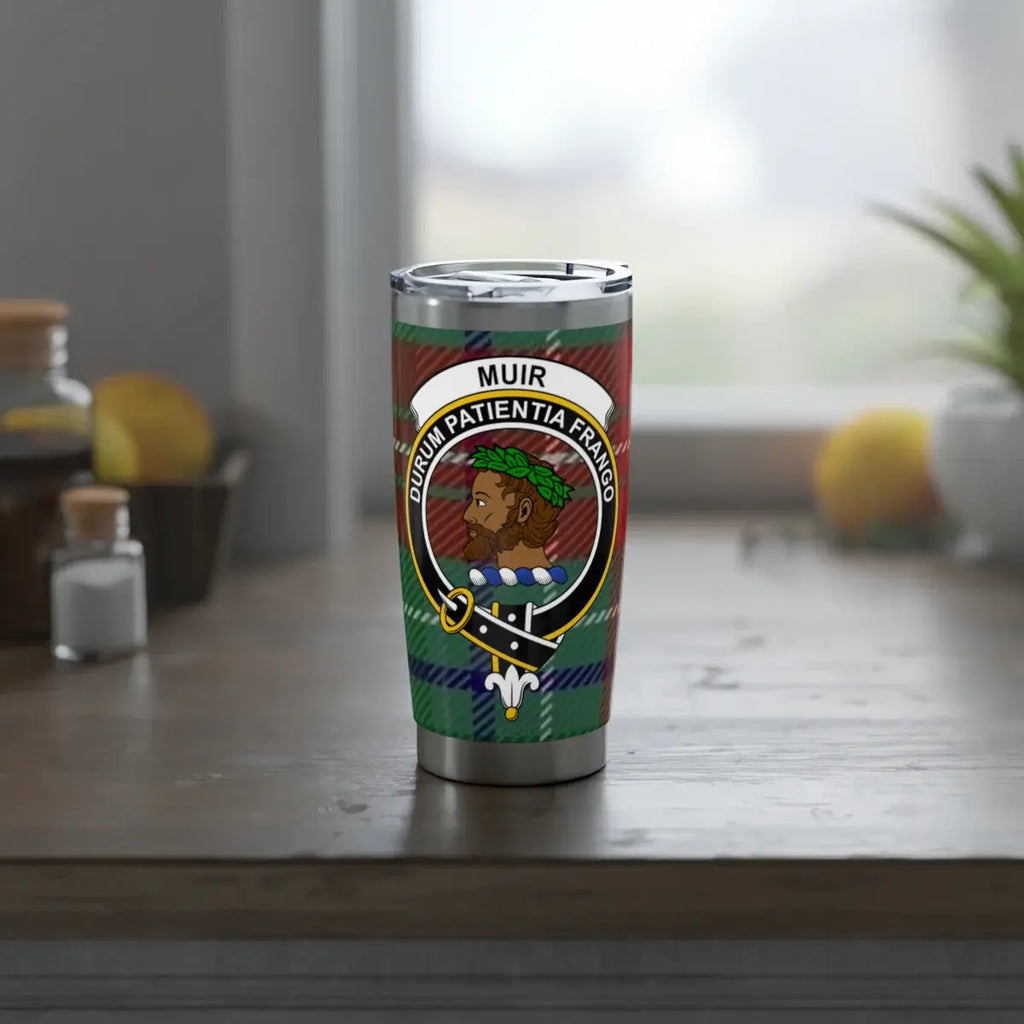Muir clan family crest insulated tumbler — 20oz stainless steel with Durum Patientia Frango tartan