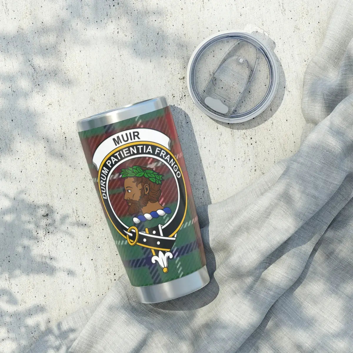 Muir Durum Patientia Frango clan crest tumbler with lid — stainless steel drinkware