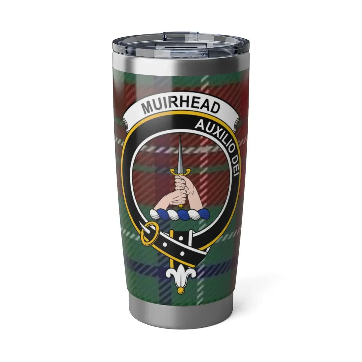 Clan Muirhead Auxilio Dei clan badge tartan tumbler — 20oz insulated stainless steel