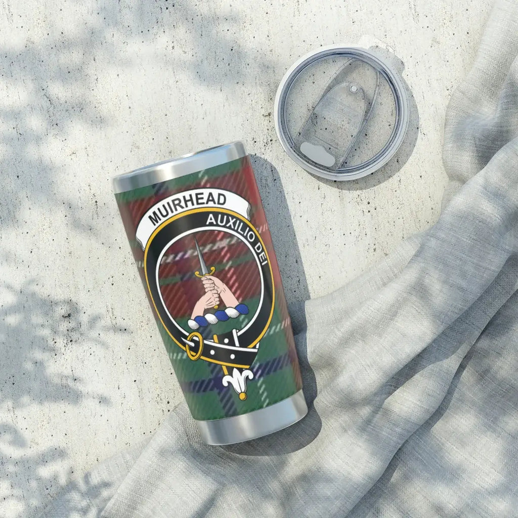 Muirhead Auxilio Dei insulated travel tumbler with lid — stainless steel clan crest gift
