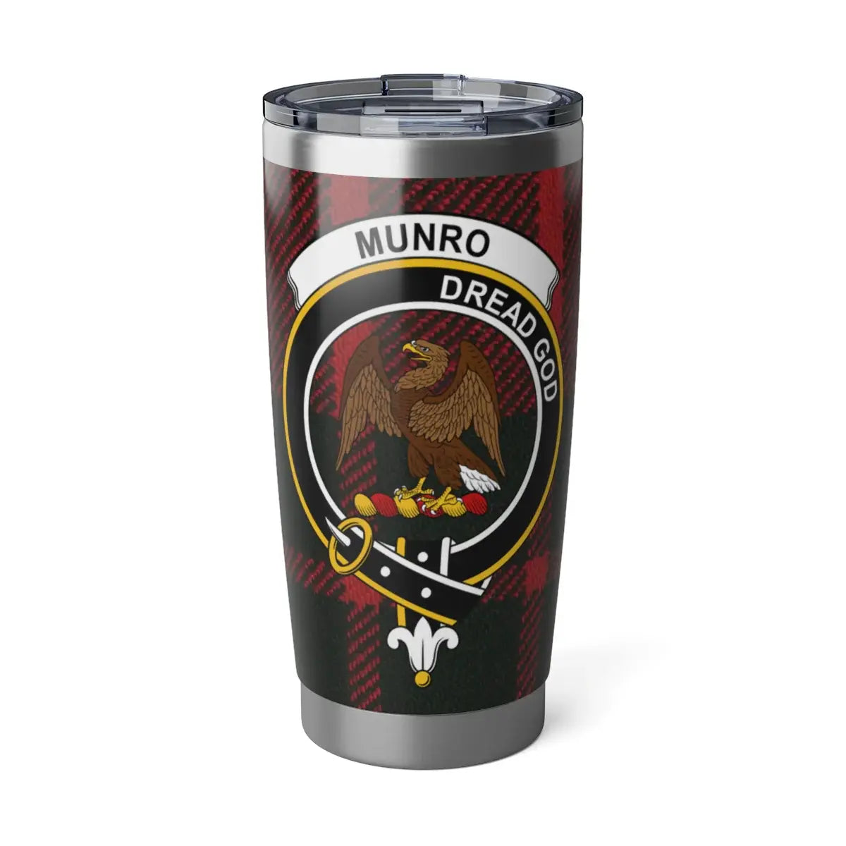 Clan Munro Dread God eagle crest tartan tumbler — 20oz insulated stainless steel
