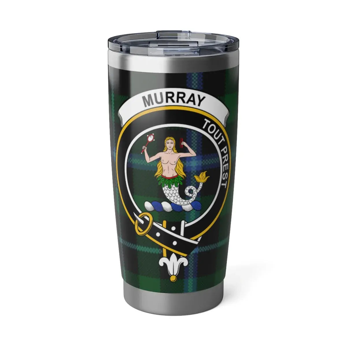 Clan Murray Tout Prest mermaid crest tartan tumbler — 20oz insulated stainless steel