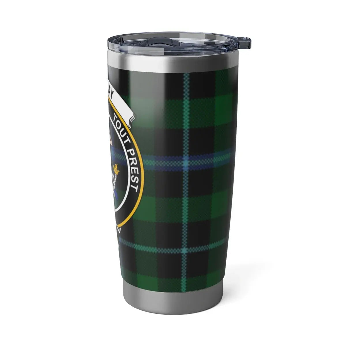 Murray clan tartan pattern travel mug — Scottish heritage mermaid crest on insulated tumbler