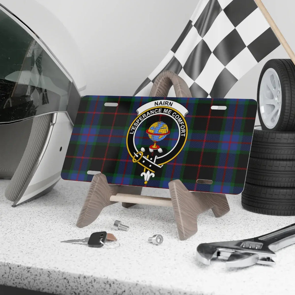 Clan Nairn tartan novelty license plate — L'Espérance Me Conforte crest, 12" x 6" aluminium