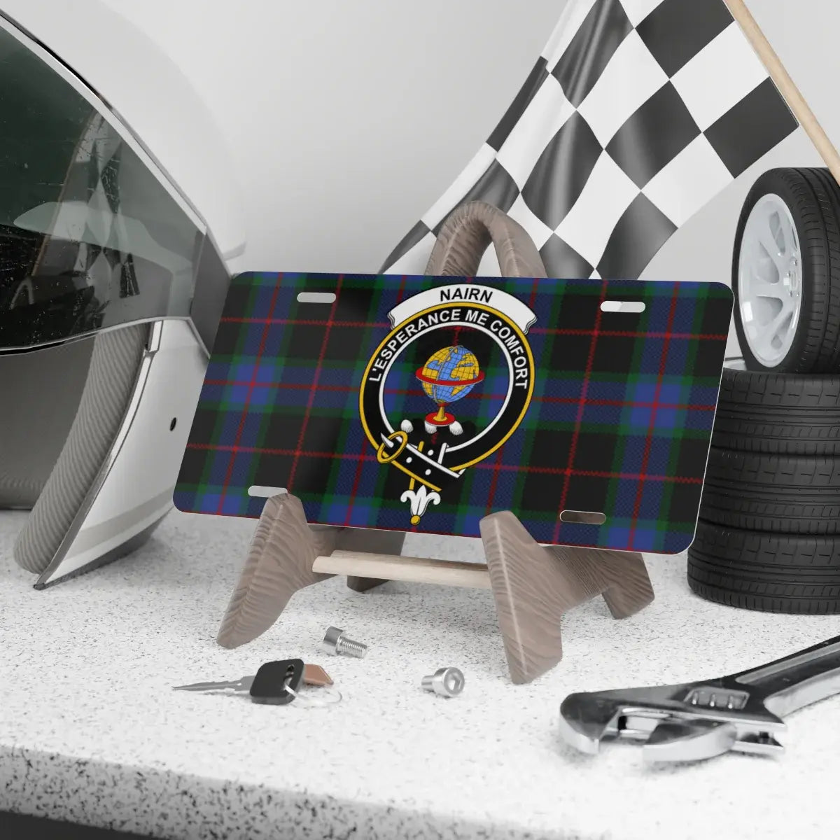 Clan Nairn tartan novelty license plate — L'Espérance Me Conforte crest, 12" x 6" aluminium