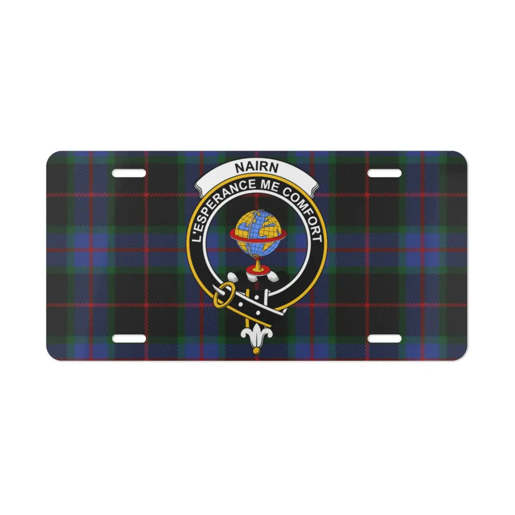 Nairn L'Espérance Me Conforte tartan license plate — full-colour crest print, Scottish heritage design