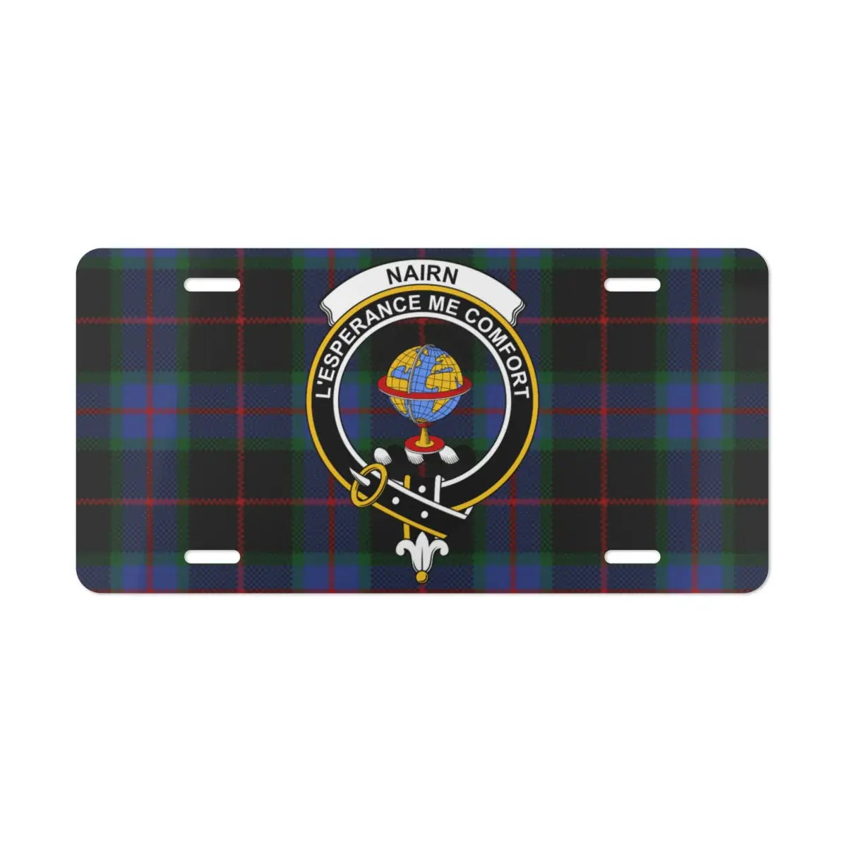 Nairn L'Espérance Me Conforte tartan license plate — full-colour crest print, Scottish heritage design