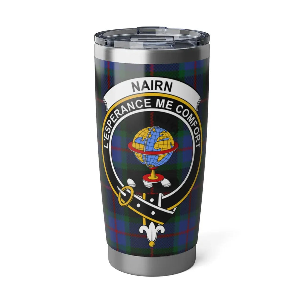 Clan Nairn tartan crest tumbler — 20 oz insulated stainless steel with L'Espérance Me Conforte print