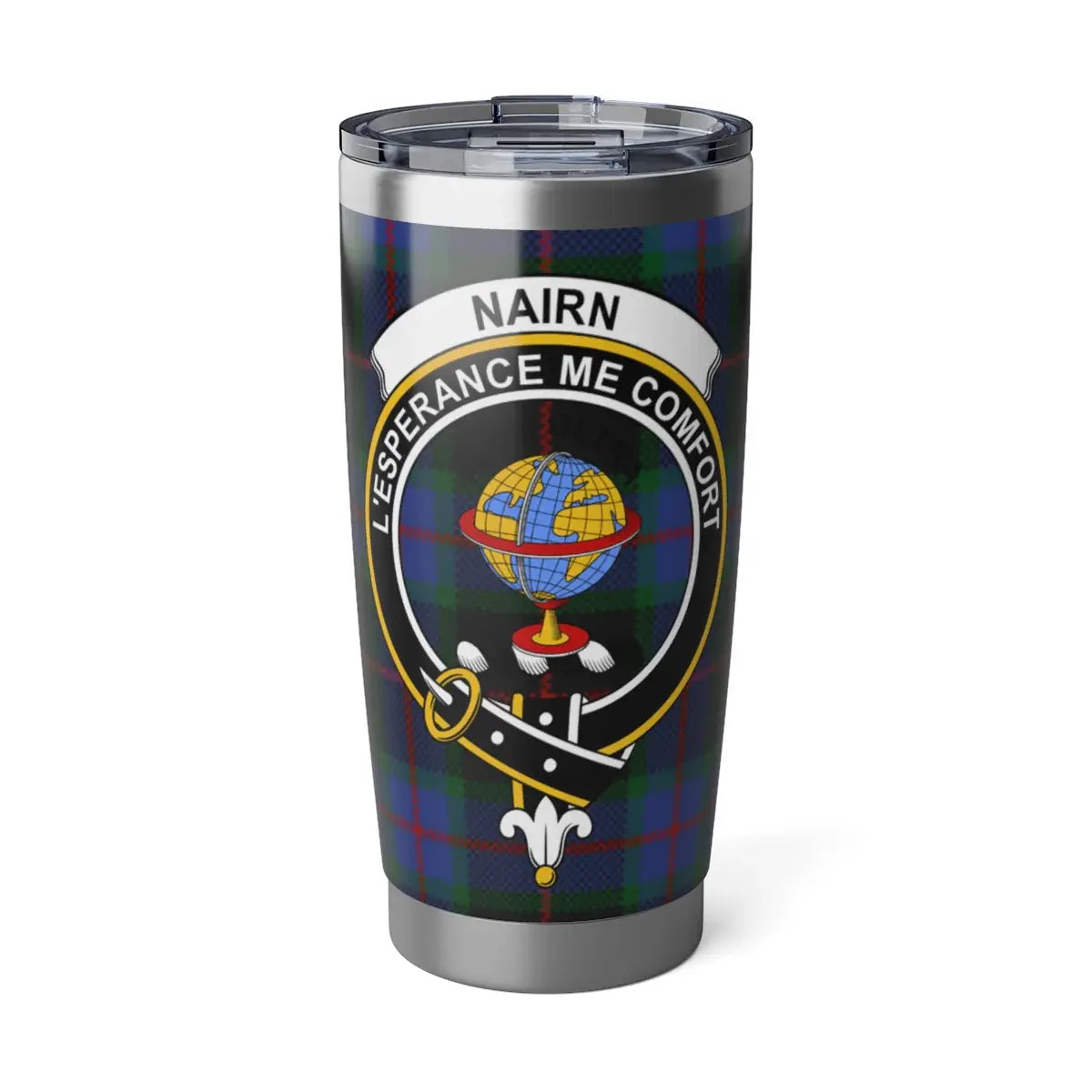 Clan Nairn tartan crest tumbler — 20 oz insulated stainless steel with L'Espérance Me Conforte print