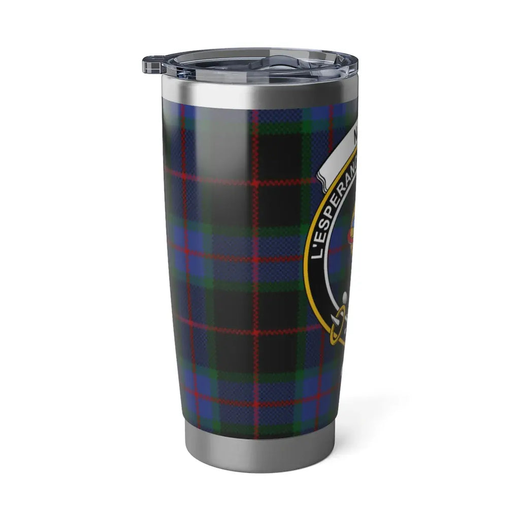 Nairn Scottish clan crest tartan tumbler — double-wall insulated steel, spill-resistant lid