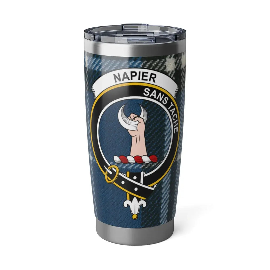 Clan Napier tartan tumbler — 20oz stainless steel with crest and plaid print