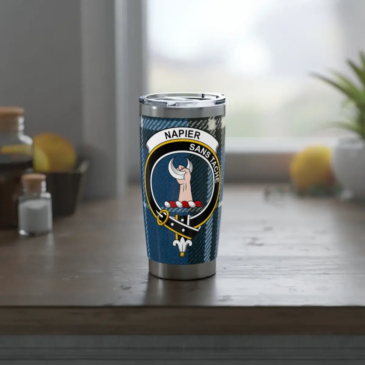 Napier clan crest insulated tumbler — side view showing sans tache design