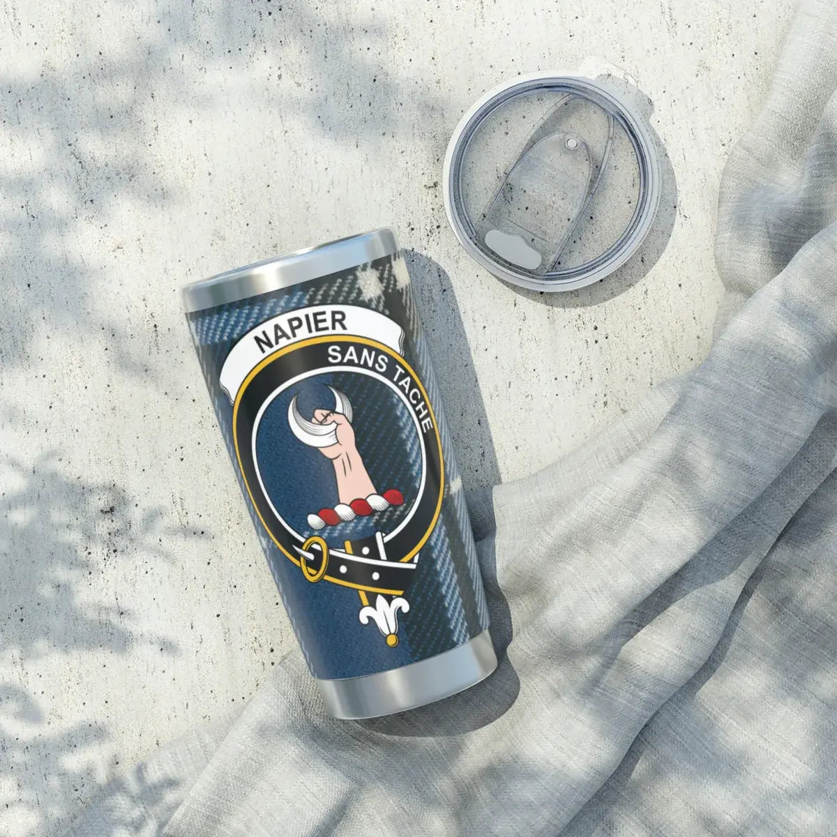 Clan Napier tumbler close-up — tartan and crest detail on silver stainless body