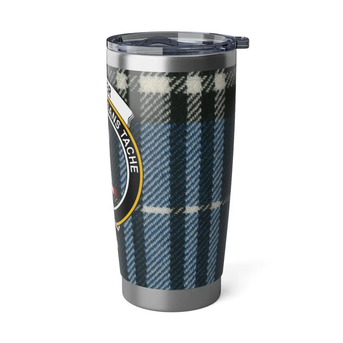 Napier tartan insulated tumbler — full view, black and blue plaid with crest