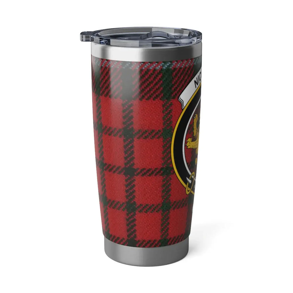Nicholson clan crest tartan travel tumbler — red plaid print, spill-resistant lid