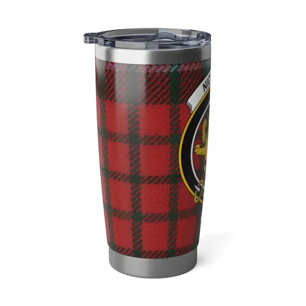 Red Plaid Tartan Travel Mug With Crest Design