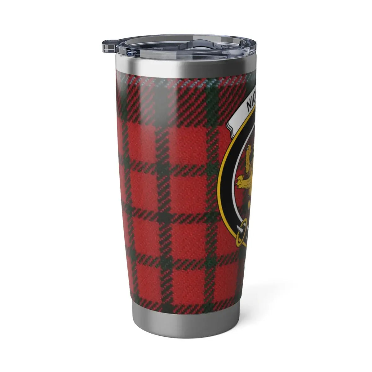 Nicholson clan crest tartan travel tumbler — red plaid print, spill-resistant lid