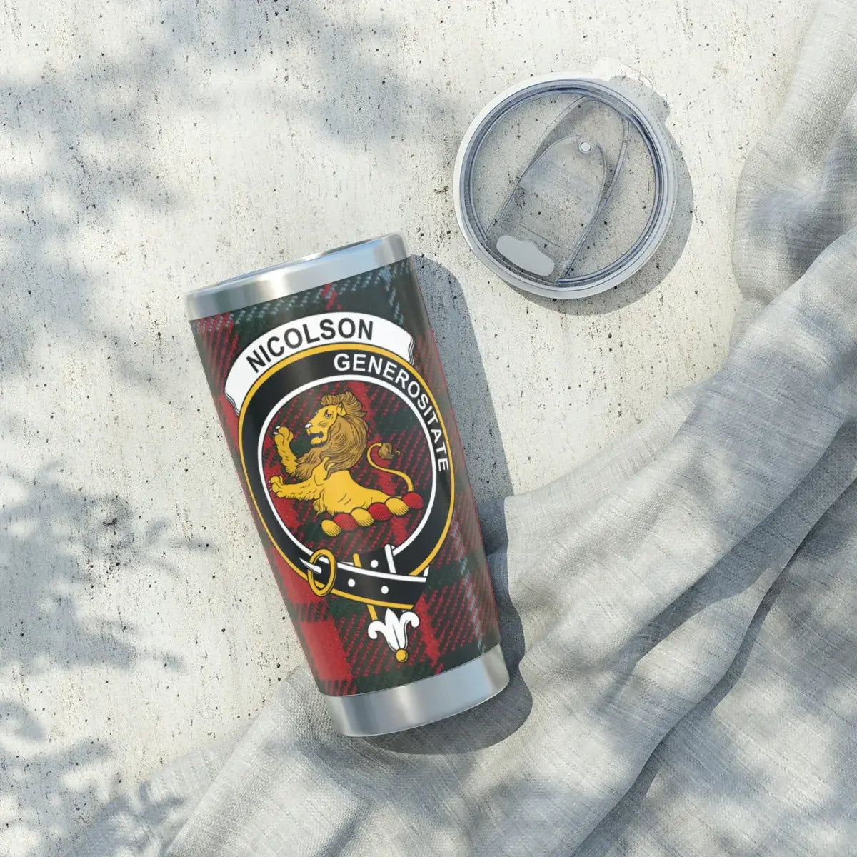 Clan Nicholson Generositate crest travel tumbler — double-wall insulated steel, 20 oz