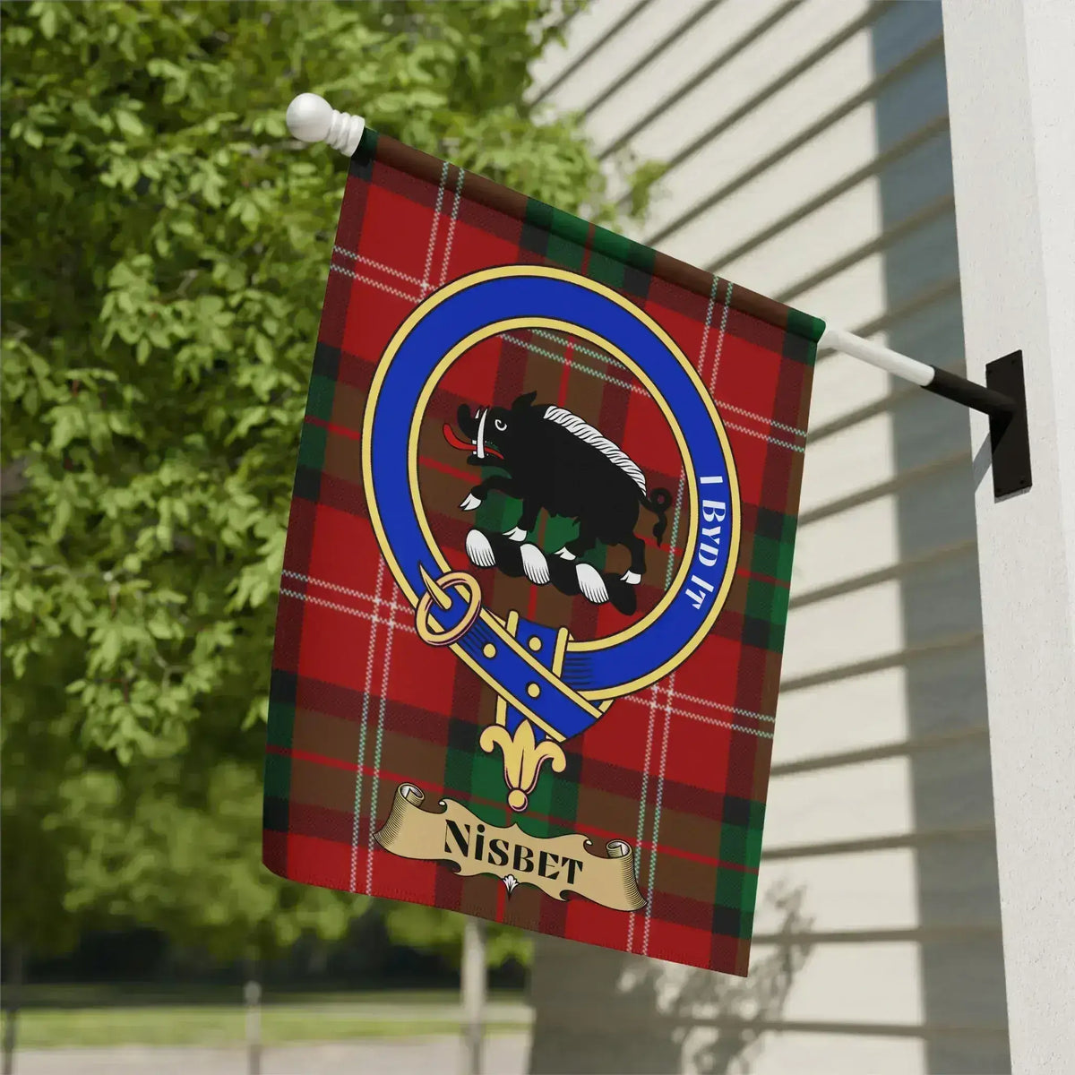 Clan Nisbet tartan garden flag — 12" x 18" poly canvas with I Byd It crest badge