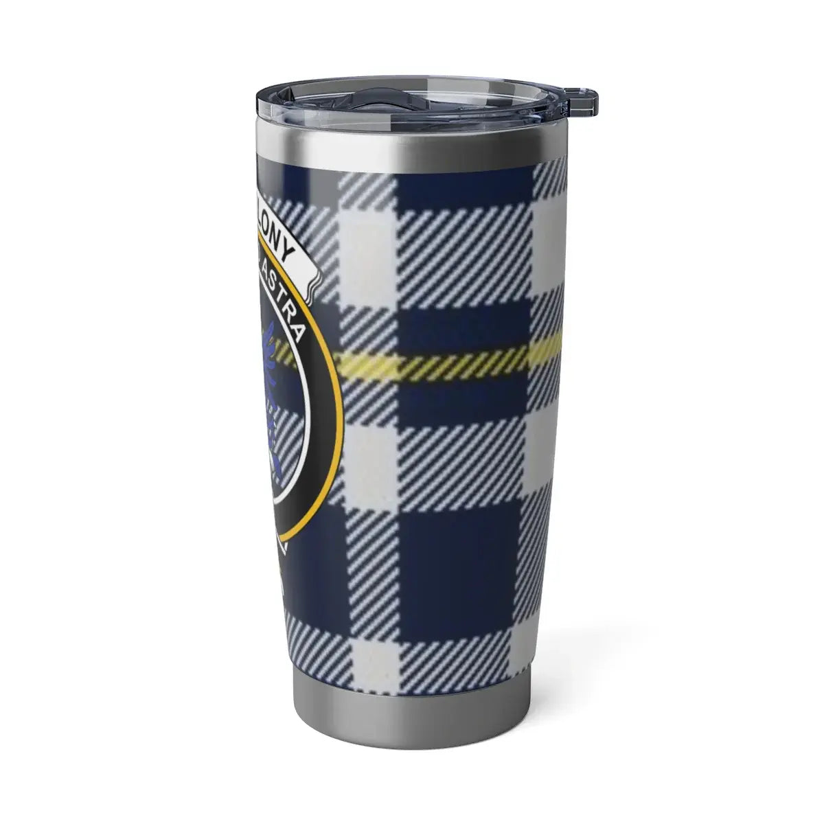 Navy Plaid Tumbler With Crest Travel Mug