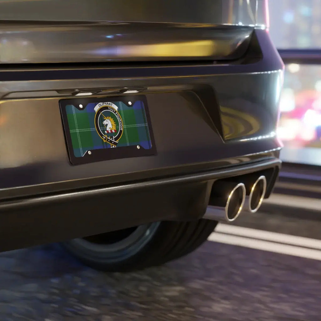 Oliphant clan license plate on car — tout pourvoir crest and tartan print