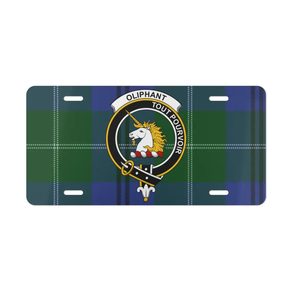 Oliphant tartan crest license plate displayed flat — vivid print on white aluminium