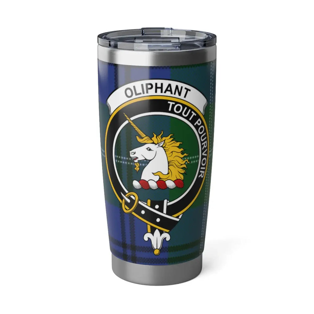 Clan Oliphant tartan tumbler — 20oz stainless steel with unicorn crest and plaid print