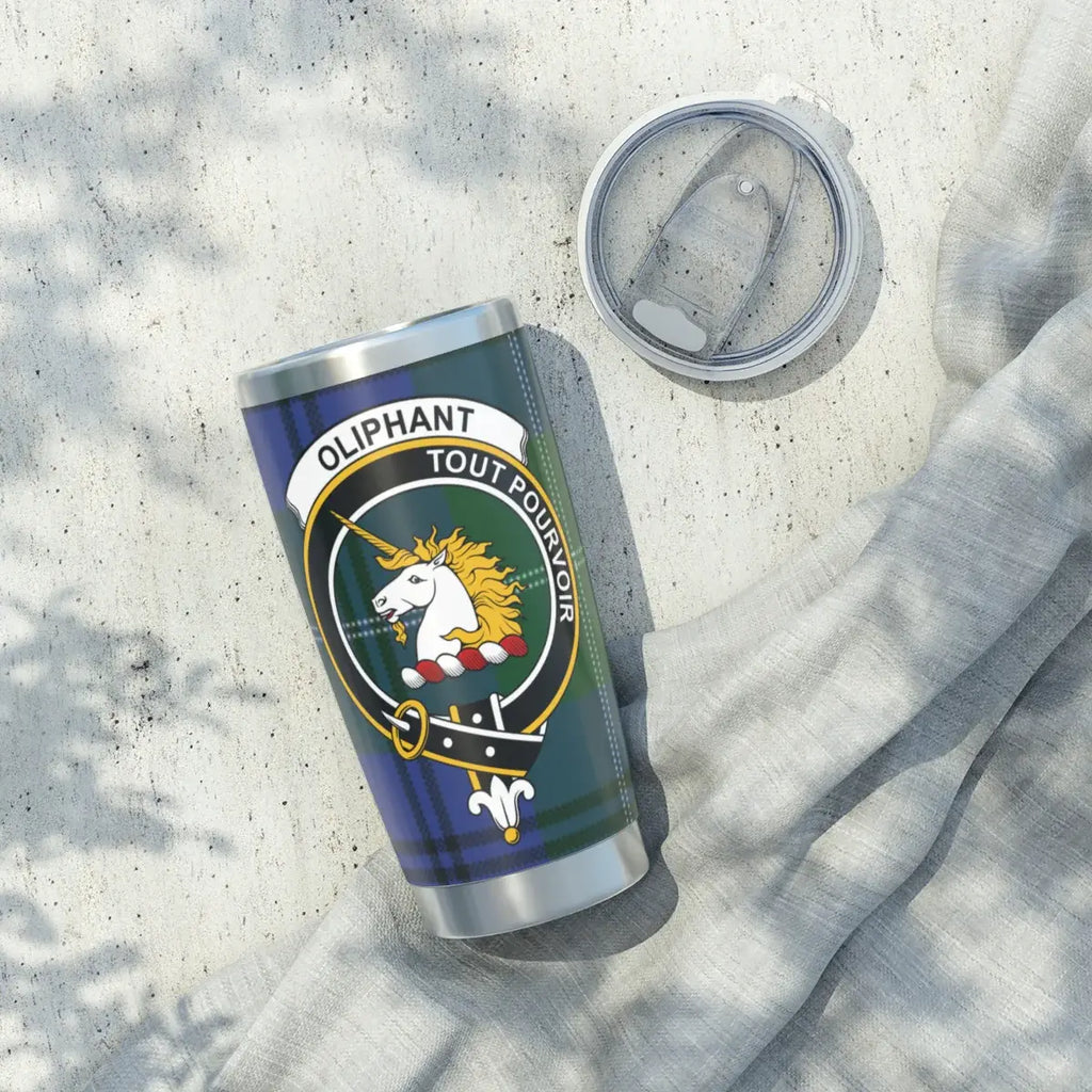 Clan Oliphant tumbler close-up — tartan and unicorn crest on silver stainless body