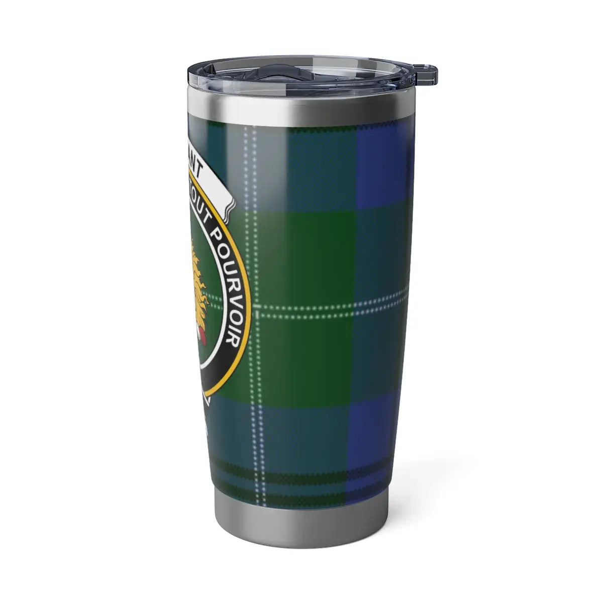 Oliphant tartan insulated tumbler — full view, green plaid with clan crest