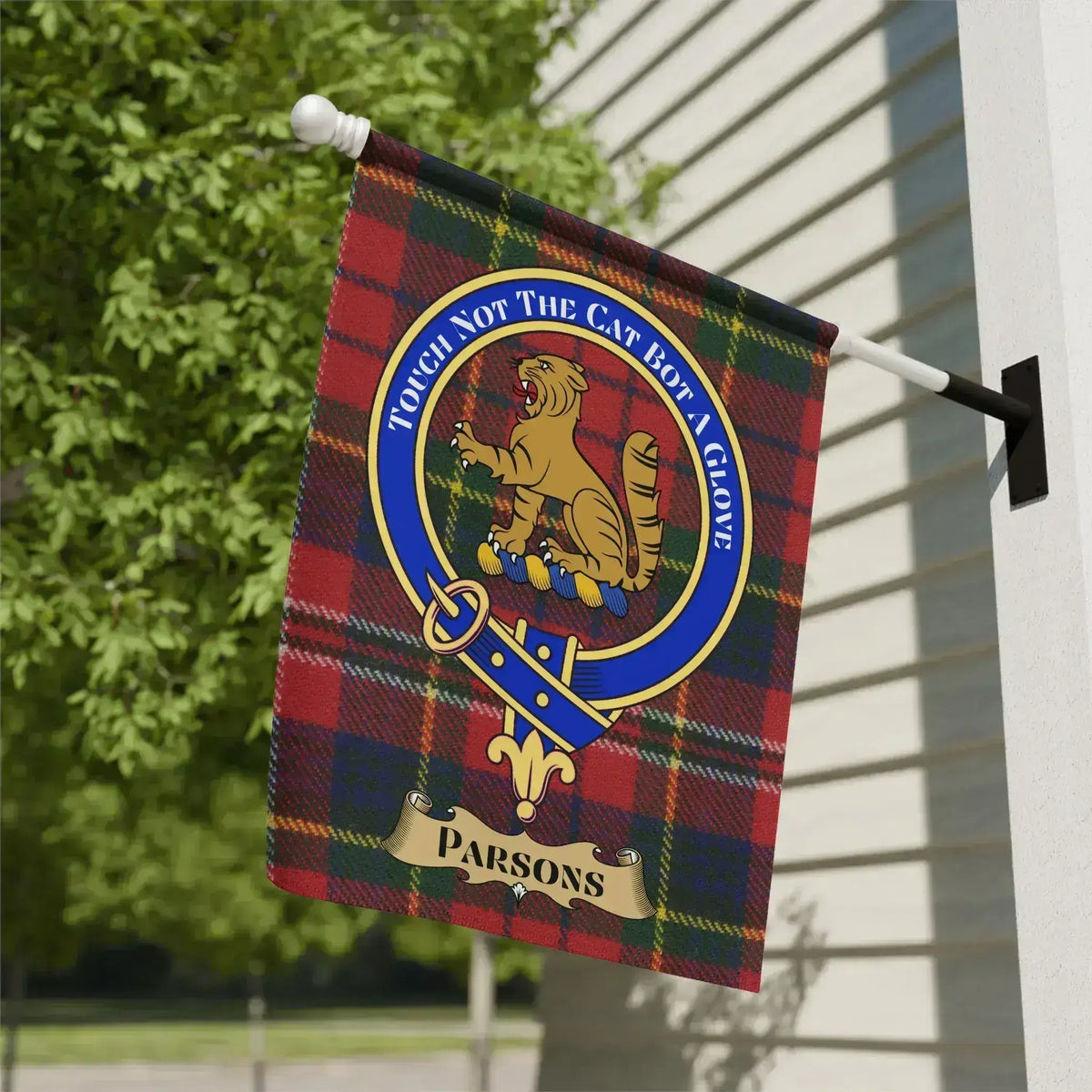 Parsons Family Crest Plaid Background Flag
