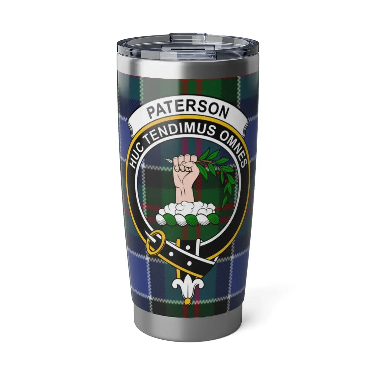 Clan Paterson tartan crest tumbler — 20 oz insulated stainless steel with Huc Tendimus Omnes print