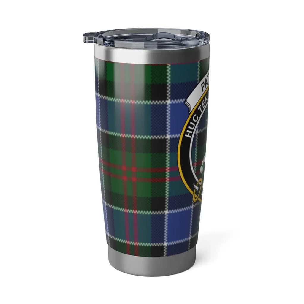 Paterson Highland tartan crest travel tumbler — double-wall insulated steel, spill-resistant lid