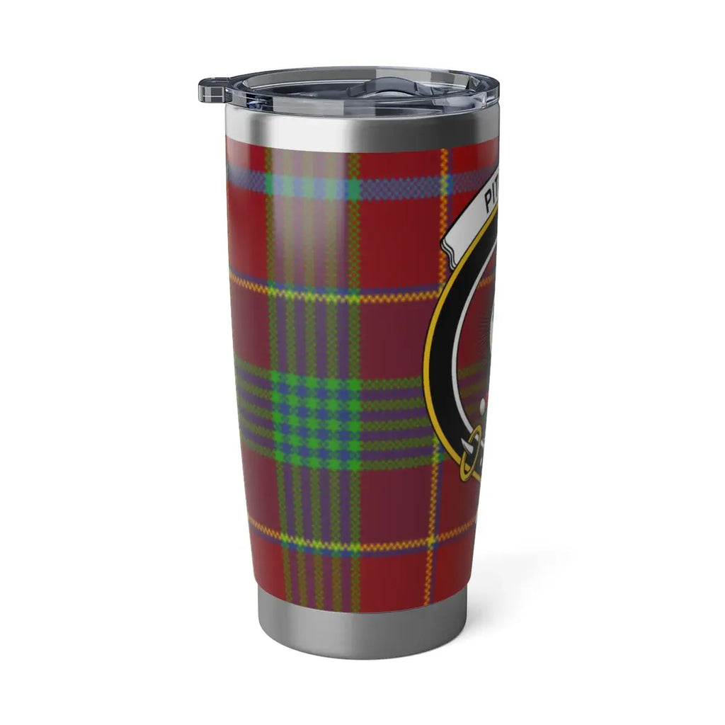 Pitcairn tartan crest insulated tumbler with secure lid — double-wall steel, spill-resistant