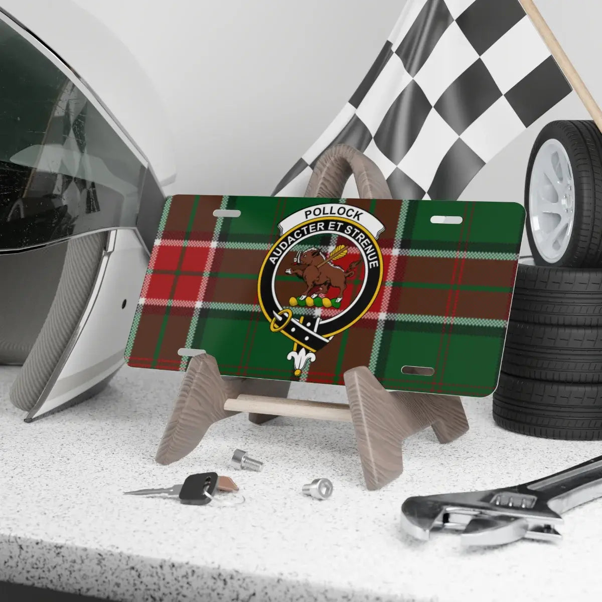 Clan Pollock tartan novelty license plate — Audacter et Strenue crest, 12" x 6" aluminium