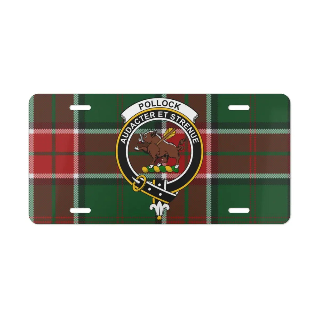 Clan Pollock family crest tartan license plate — full-colour Scottish heritage design