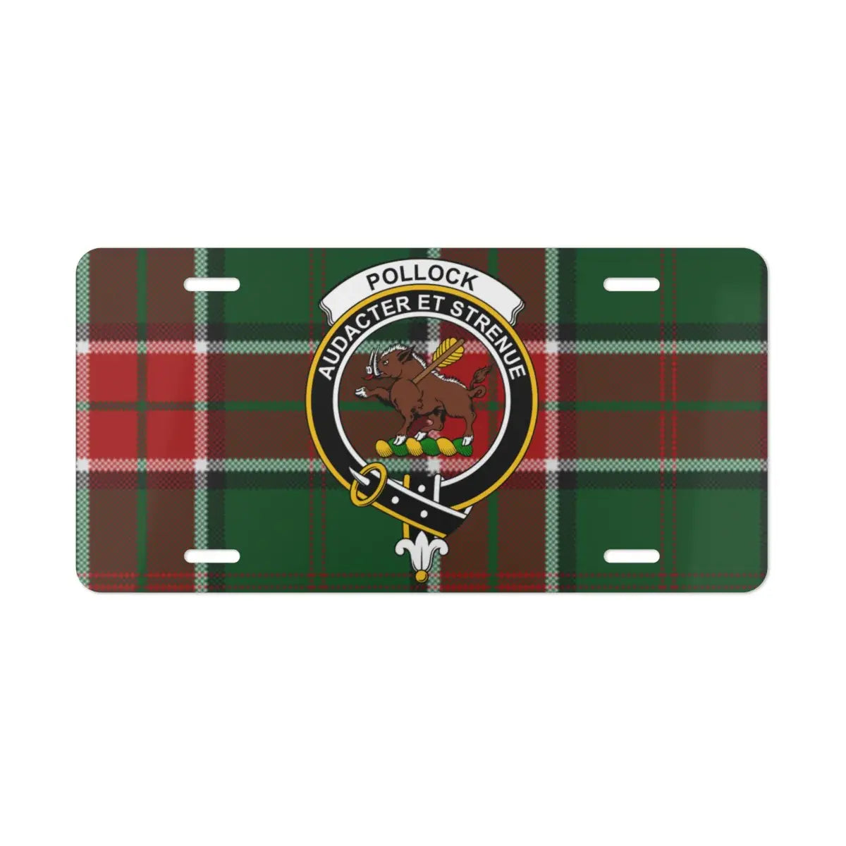 Clan Pollock family crest tartan license plate — full-colour Scottish heritage design