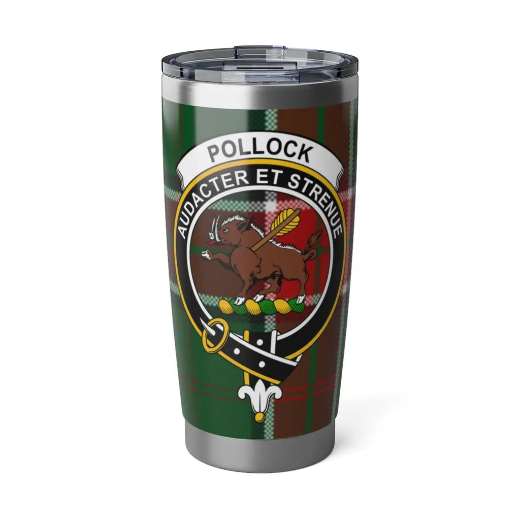 Clan Pollock tartan crest tumbler — 20 oz insulated stainless steel with Audacter et Strenue motto