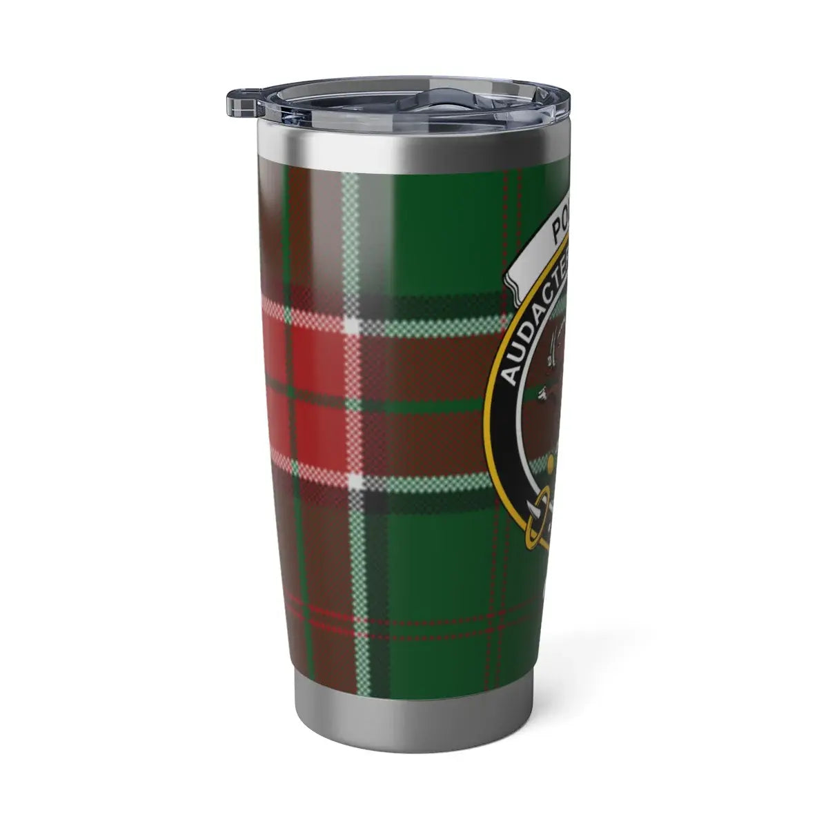 Pollock clan crest tartan travel tumbler — double-wall insulated steel for hot and cold drinks