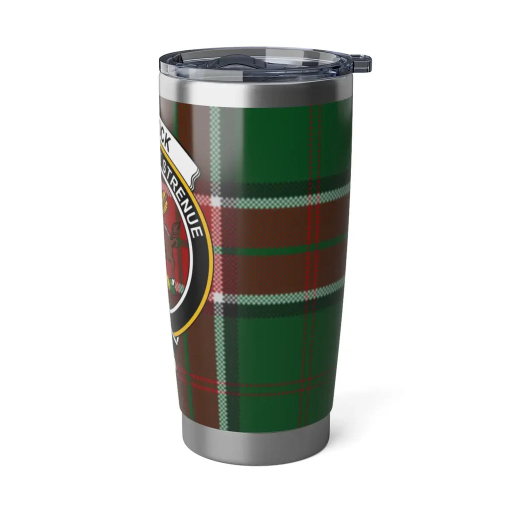 Pollock green tartan clan crest travel tumbler — 20 oz insulated drinkware, rubber gasket lid