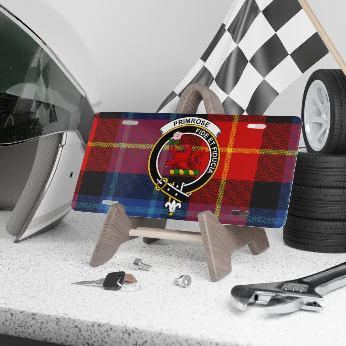 Clan Primrose crest tartan novelty license plate — 100% aluminium, 12x6 inch