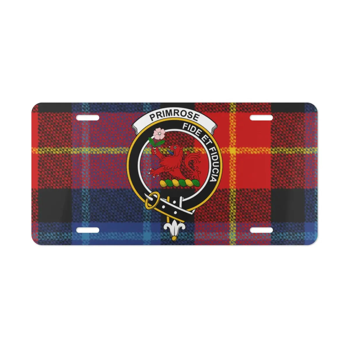Primrose fide et fiducia tartan license plate displayed flat — vivid print on white aluminium