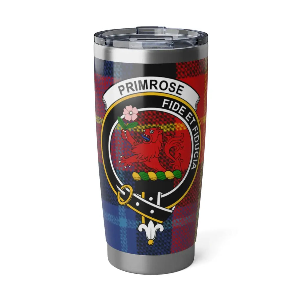Clan Primrose tartan tumbler — 20oz stainless steel with red crest and plaid print