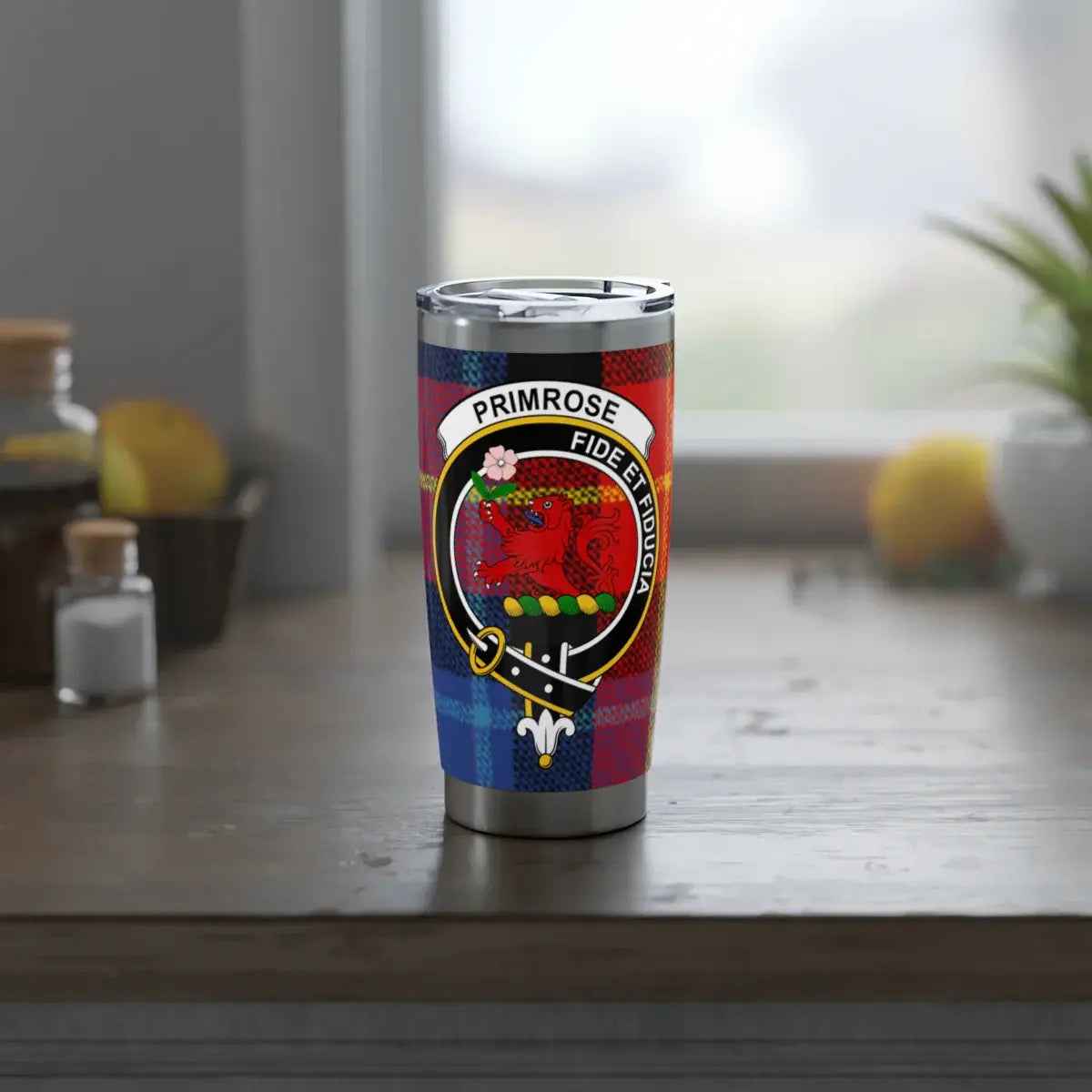 Primrose fide et fiducia crest insulated tumbler — side view showing full design