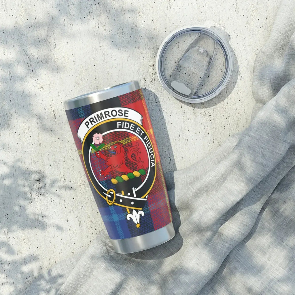 Clan Primrose tumbler close-up — red tartan and crest on silver stainless body
