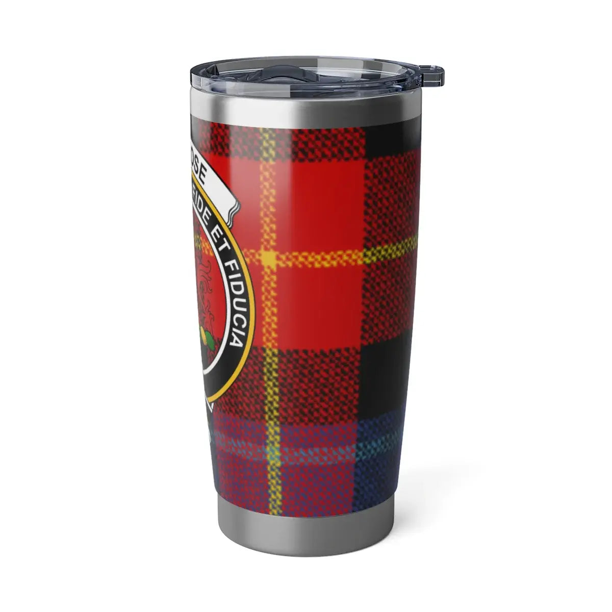 Primrose tartan insulated tumbler — full view, fide et fiducia plaid with clan crest