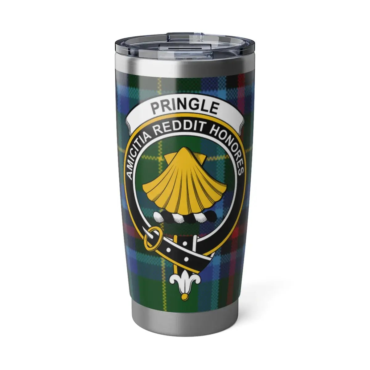 Clan Pringle tartan crest tumbler — 20 oz insulated stainless steel with Amicitia Reddit Honores motto