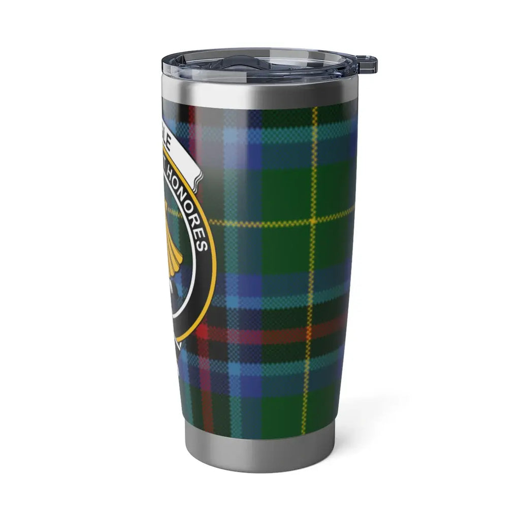 Pringle green tartan clan crest travel tumbler — 20 oz insulated drinkware, rubber gasket lid