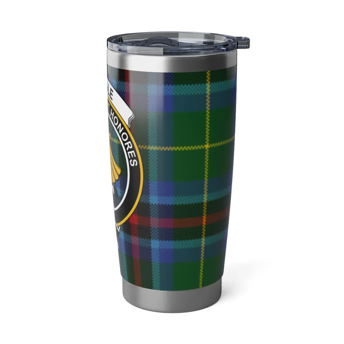 Pringle green tartan clan crest travel tumbler — 20 oz insulated drinkware, rubber gasket lid