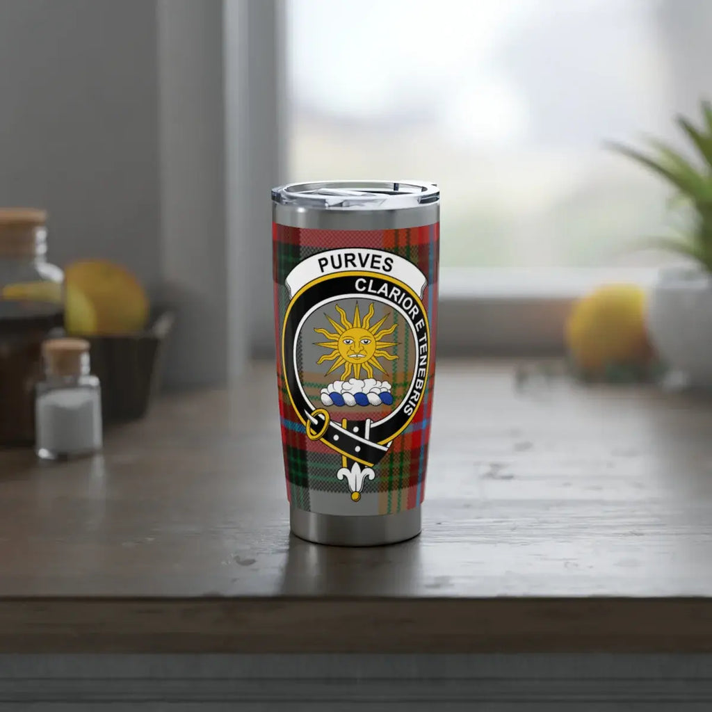 Plaid Thermos Mug with Purves Family Crest Design